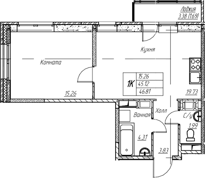 1-комнатная квартира 46.81 м², 7/22 эт., ЖК «Парк-квартал Юнтолово»